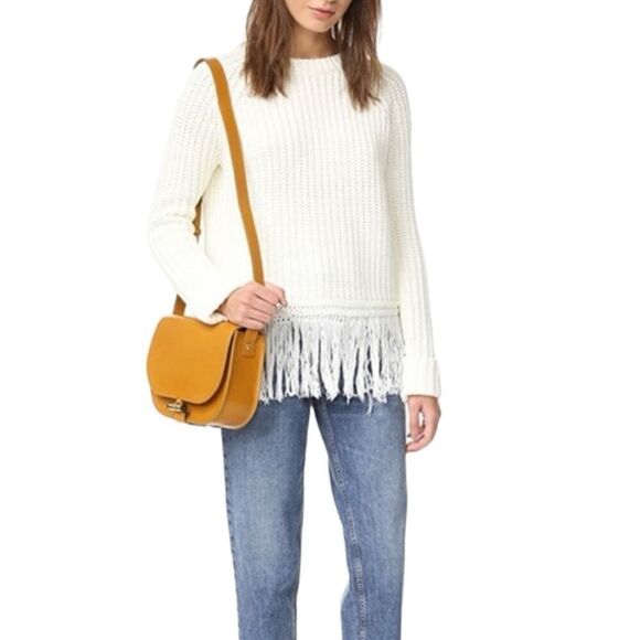 Anthropologie MoonRiver Fringe hem Crew neck Ribbed Knit Sweater Sz Small Ivory - Picture 1 of 8